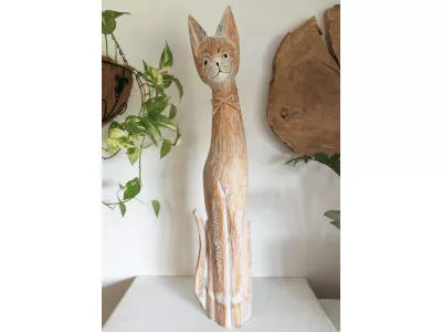 Figurka Koty Rzeźba Drewniana KOT 60cm Rękodzieło Beż